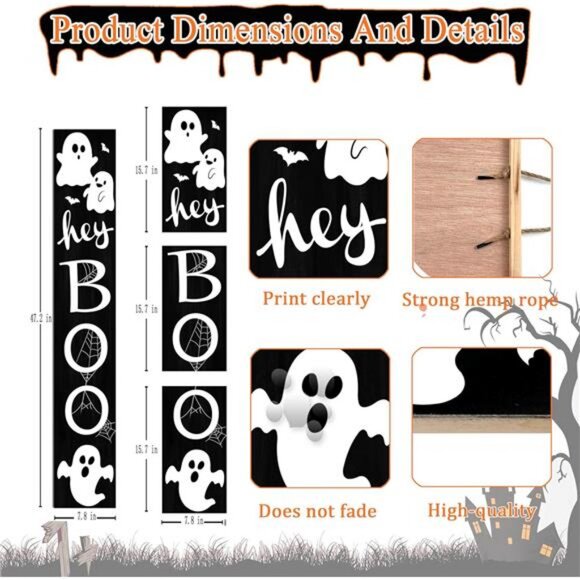 Halloween Porch Sign with Cute Ghost and Bats Design Door Hanging Decor Wooden - Picture 3 of 8